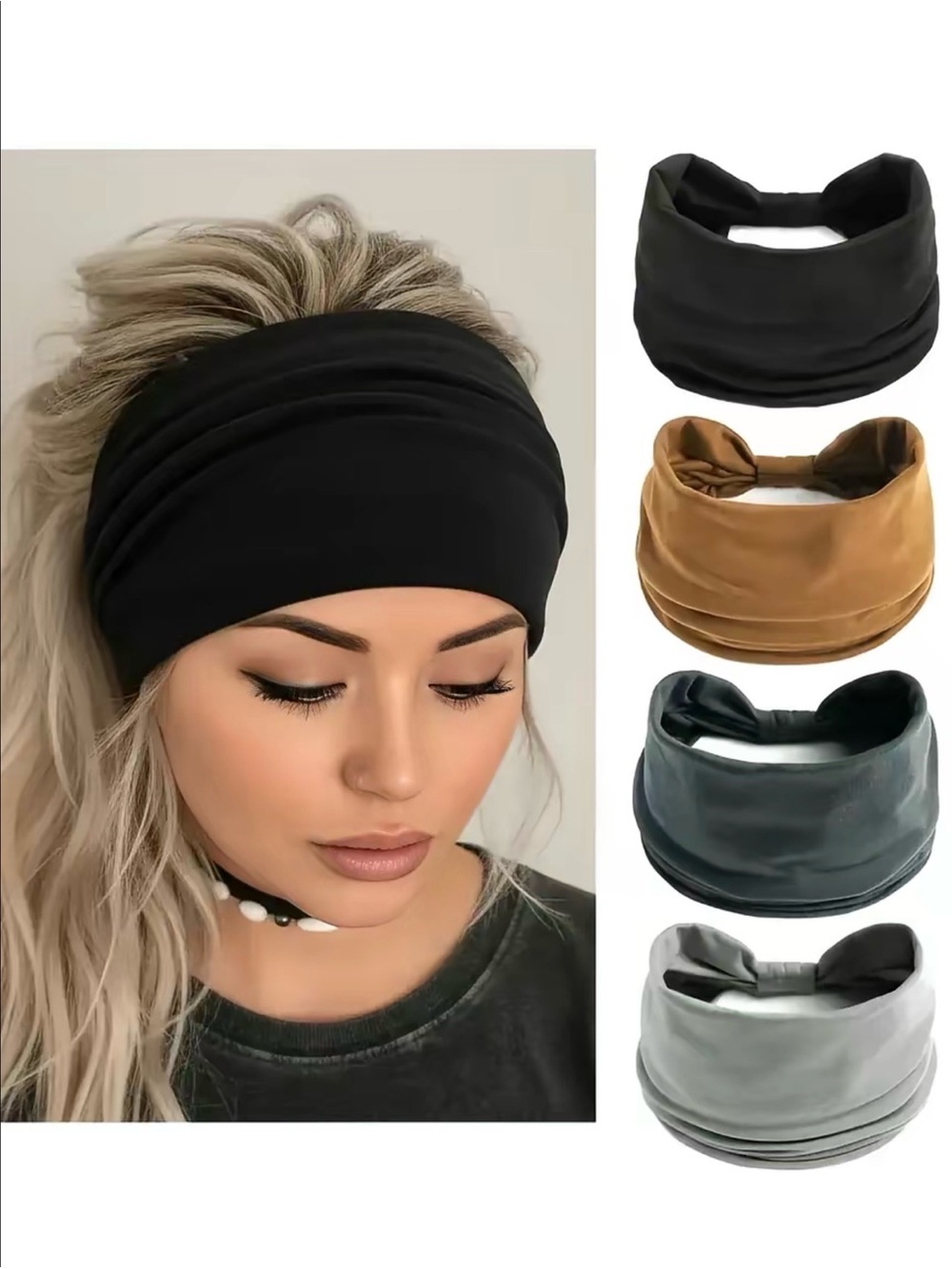 Wide Stretch Headband Set - Black, Mustard, Gray